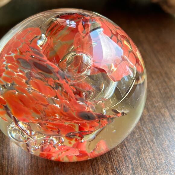 Vintage Blown Glass Paperweight With Controlled Bubbles Red Orange Swirl - Picture 4 of 9